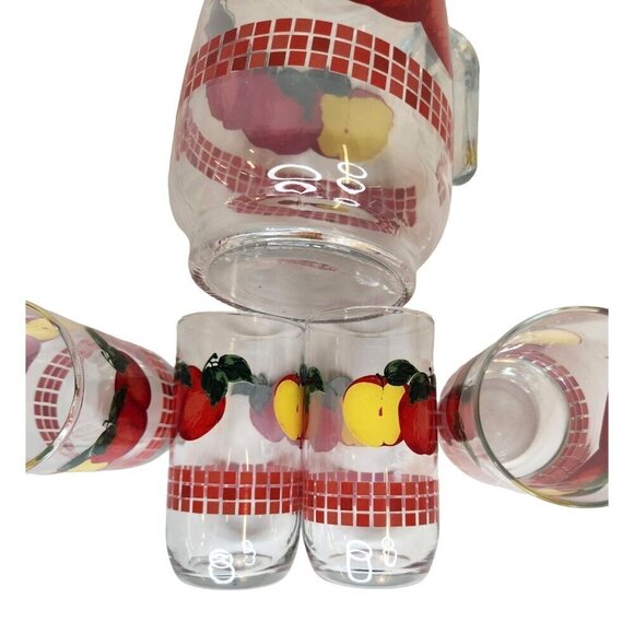 Vintage KIG Malaysia Clear Glass 48oz Handled Pitcher 4 juice glasses, Red Apple - Picture 7 of 16